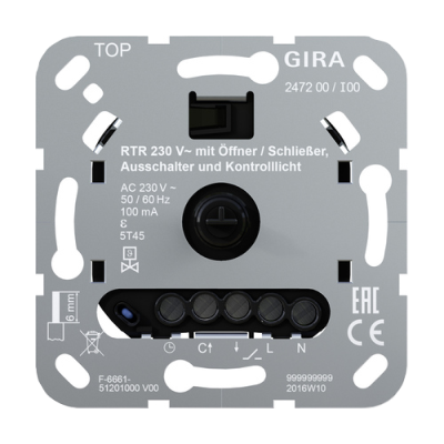 Room temperature controller insert 230 V~ with NC or NO contact, 1-way switch and control light