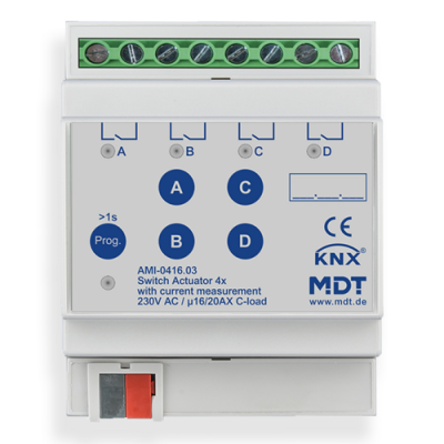 KNX Switch Actuator 4-fold, 4SU MDRC, 16/20 A, 230 V AC, C-load, industrie, 200 μF, current measurement