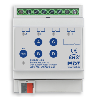 KNX Switch Actuator 4-fold, 4SU MDRC, 16 A, 230 V AC, C-load, standard, 140 μF, current measurement