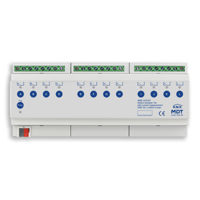 KNX Switch Actuator 12-fold, 12SU MDRC, 16 A, 230 V AC, C-load, standard, 140 μF, current measurement