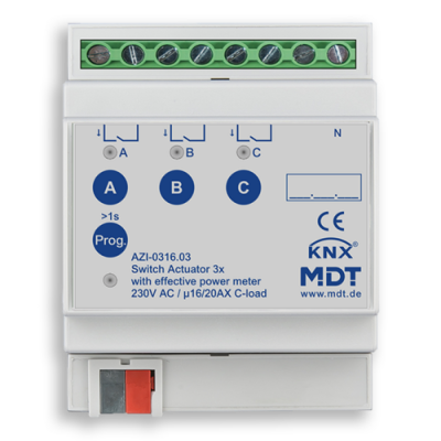 KNX Switch Actuator 3-fold, 4SU,  MDRC, 16/20 A, 230 V AC, C-load, 200µF, power measurement